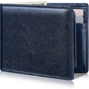 Men's Classic Bifold Wallet Card Navy Blue Style Genuine Leather 2 Cash Pockets